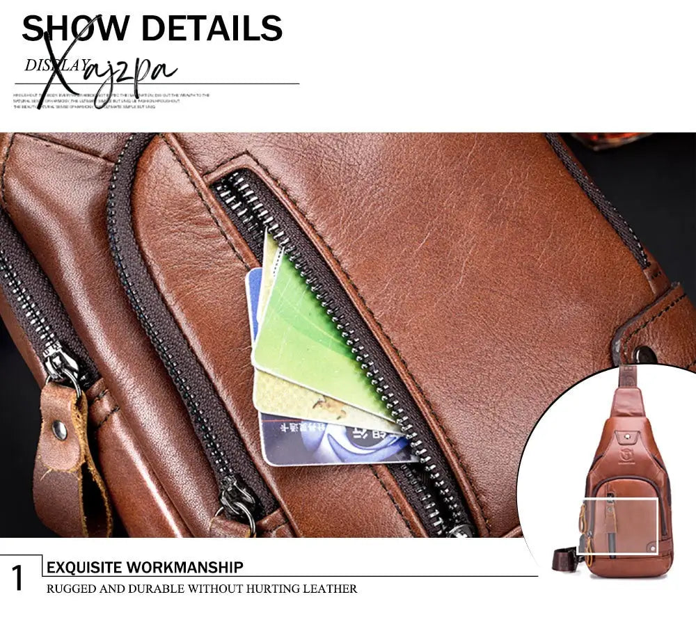 Xajzpa - Men’s Retro Top Layer Cowhide Genuine Leather Shoulder Bags Pack Usb Crossbody Travel