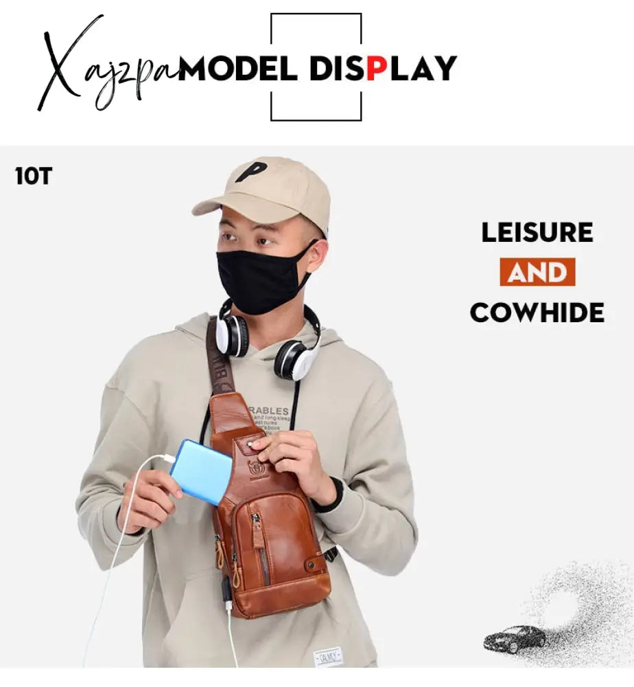 Xajzpa - Men’s Retro Top Layer Cowhide Genuine Leather Shoulder Bags Pack Usb Crossbody Travel