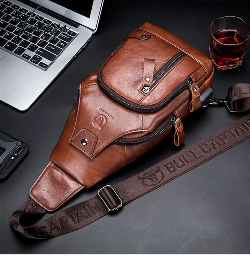 Xajzpa - Men’s Retro Top Layer Cowhide Genuine Leather Shoulder Bags Pack Usb Crossbody Travel