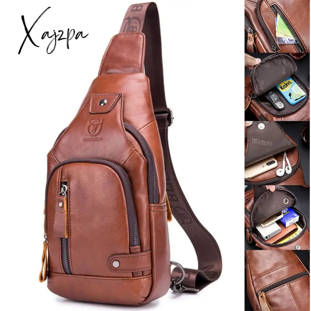Xajzpa - Men’s Retro Top Layer Cowhide Genuine Leather Shoulder Bags Pack Usb Crossbody Travel