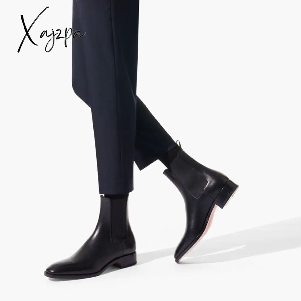 Xajzpa - New Black Chelsea Boots For Men Red Sole Square Toe Slip-On Business Ankle Free Shipping