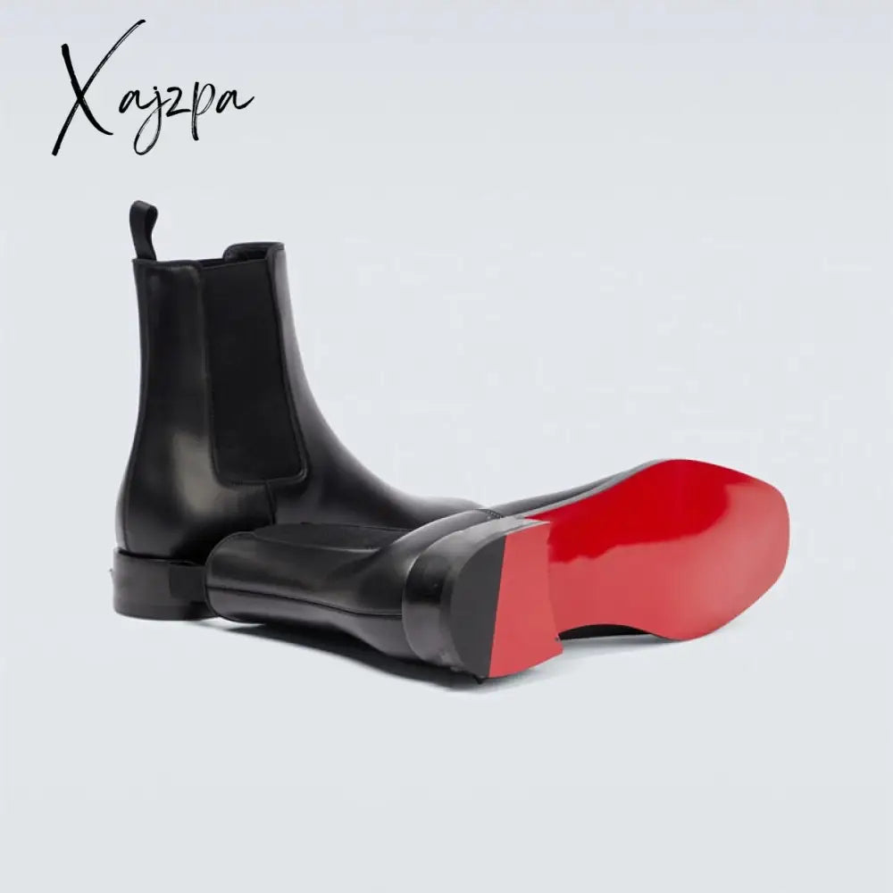 Xajzpa - New Black Chelsea Boots For Men Red Sole Square Toe Slip-On Business Ankle Free Shipping