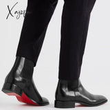Xajzpa - New Black Chelsea Boots for Men Red Sole Square Toe Slip-On Business Men Ankle Boots Free Shipping Botas De Hombre