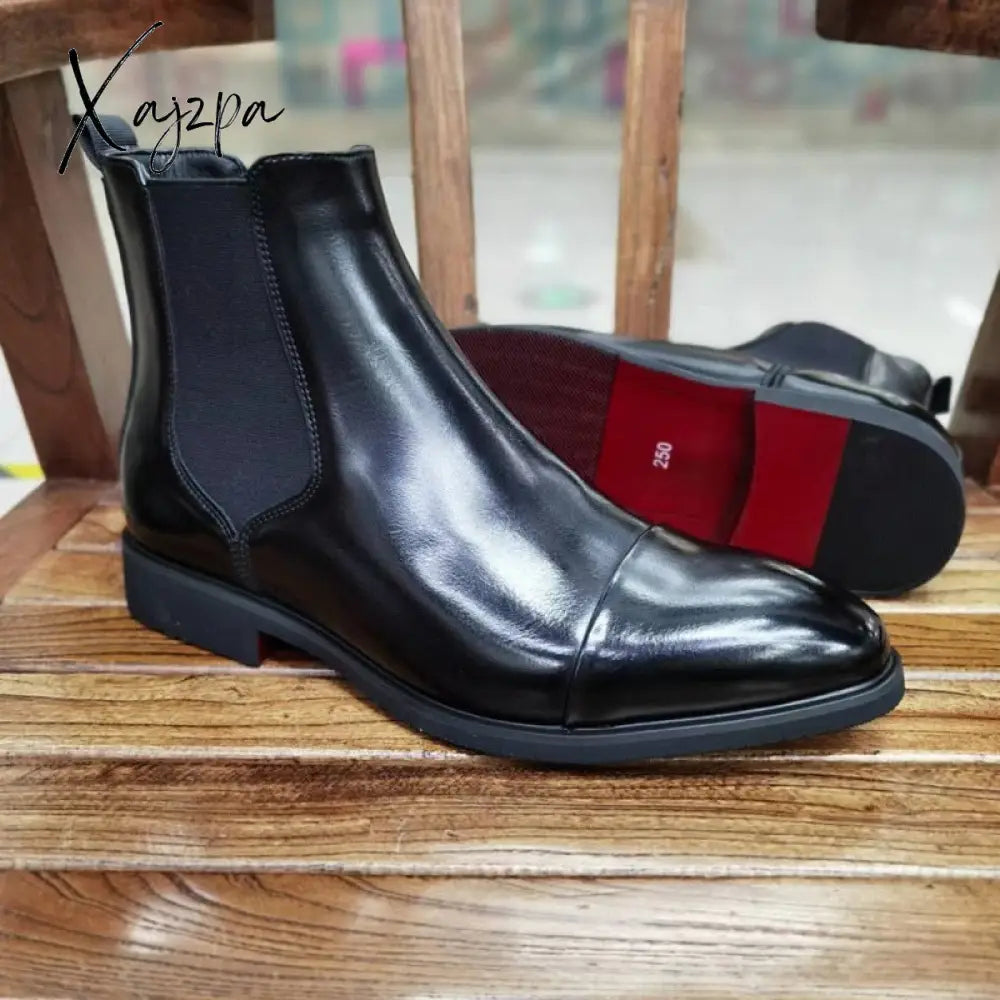Xajzpa - New Black Chelsea Boots For Men Red Sole Square Toe Slip-On Business Ankle Free Shipping