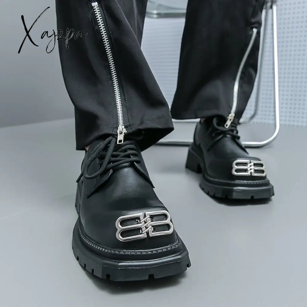 Xajzpa - New Black Loafers Platform Men Shoes Round Toe Solid Lace-Up Size 38-45 Free Shipping Mens