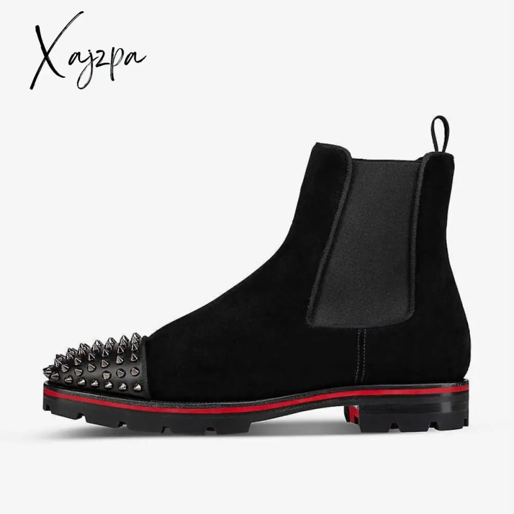 Xajzpa - New Black Men Chelsea Boots Flock Rivet Square Toe Red Sole Punk Handmade Short Free