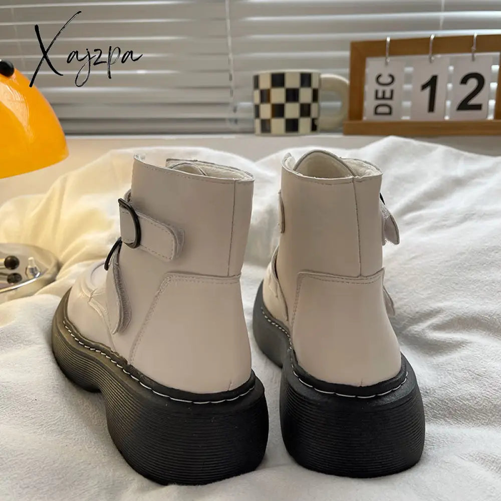 Xajzpa - New Black White Women’s Winter Short Boots Velvet Chelsea Lolita Mid Calf Platform Ankle