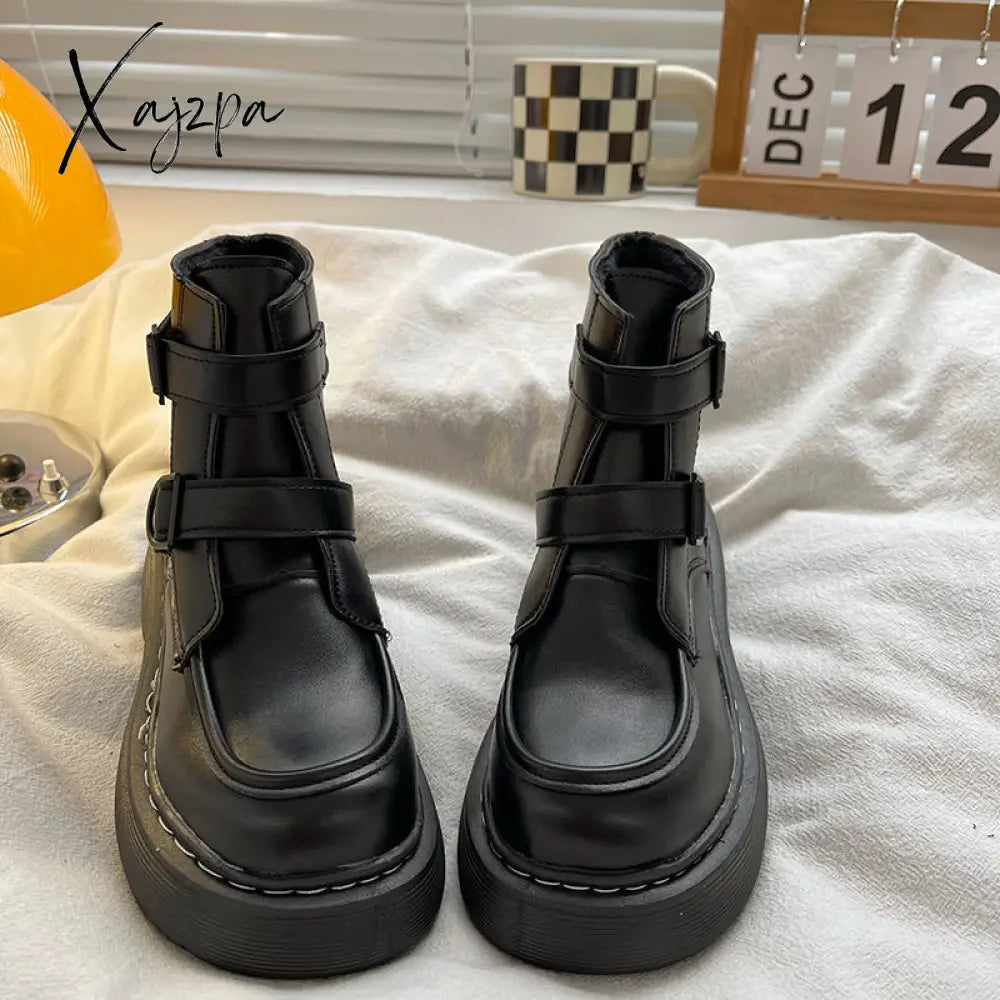 Xajzpa - New Black White Women’s Winter Short Boots Velvet Chelsea Lolita Mid Calf Platform Ankle