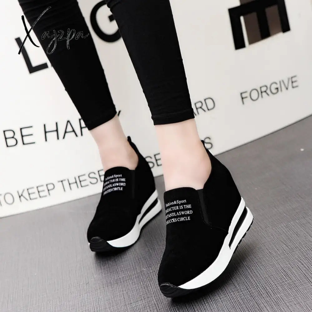 Xajzpa - New Flock Increasing Shoes High Heels Lady Casual Black Women Sneakers Leisure Platform