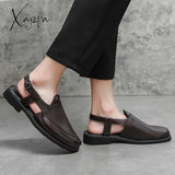 Xajzpa - New Men Sandals Pu Solid Color Woven Pattern Buckle Baotou Low Heel Fashion Casual Summer