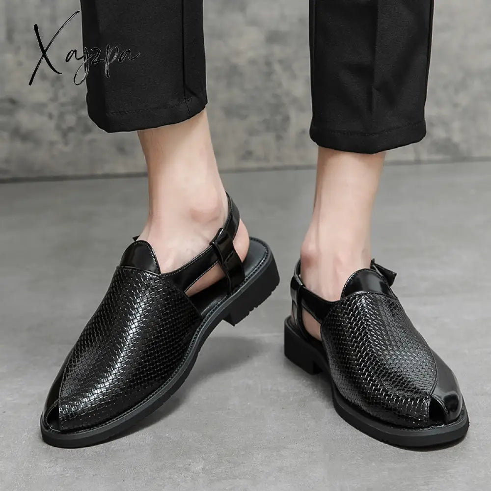 Xajzpa - New Men Sandals Pu Solid Color Woven Pattern Buckle Baotou Low Heel Fashion Casual Summer