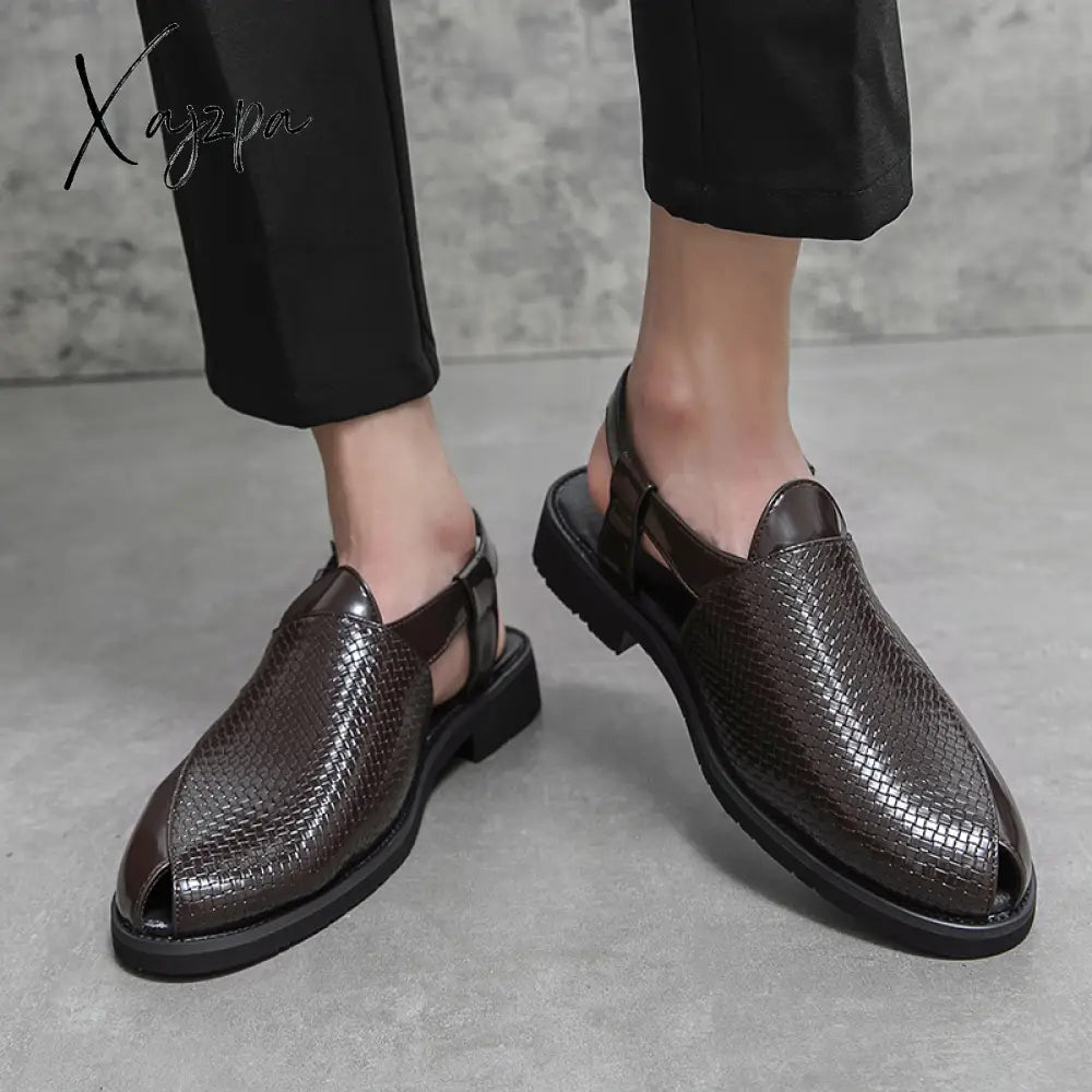 Xajzpa - New Men Sandals Pu Solid Color Woven Pattern Buckle Baotou Low Heel Fashion Casual Summer
