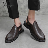 Xajzpa - New Men Sandals Pu Solid Color Woven Pattern Buckle Baotou Low Heel Fashion Casual Summer