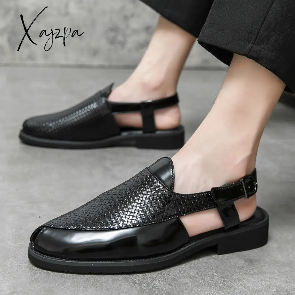 Xajzpa - New Men Sandals Pu Solid Color Woven Pattern Buckle Baotou Low Heel Fashion Casual Summer