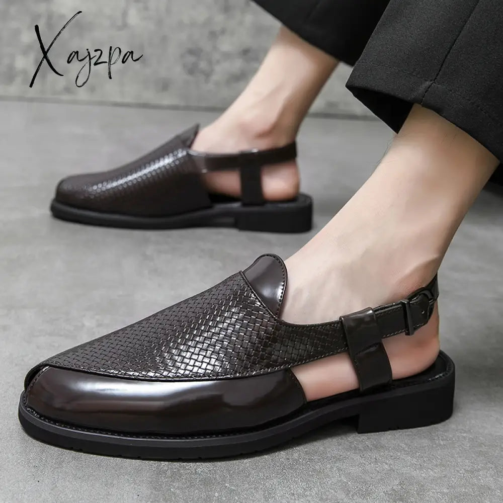 Xajzpa - New Men Sandals Pu Solid Color Woven Pattern Buckle Baotou Low Heel Fashion Casual Summer