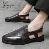 Xajzpa - New Men Sandals Pu Solid Color Woven Pattern Buckle Baotou Low Heel Fashion Casual Summer