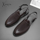 Xajzpa - New Men Sandals Pu Solid Color Woven Pattern Buckle Baotou Low Heel Fashion Casual Summer