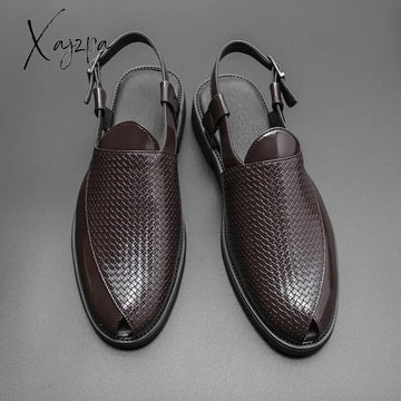 Xajzpa - New Men Sandals Pu Solid Color Woven Pattern Buckle Baotou Low Heel Fashion Casual Summer