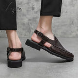 Xajzpa - New Men Sandals Pu Solid Color Woven Pattern Buckle Baotou Low Heel Fashion Casual Summer