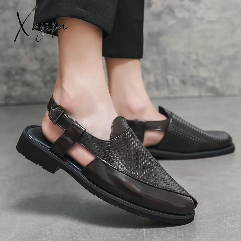 Xajzpa - New Men Sandals Pu Solid Color Woven Pattern Buckle Baotou Low Heel Fashion Casual Summer