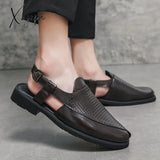 Xajzpa - New Men Sandals Pu Solid Color Woven Pattern Buckle Baotou Low Heel Fashion Casual Summer