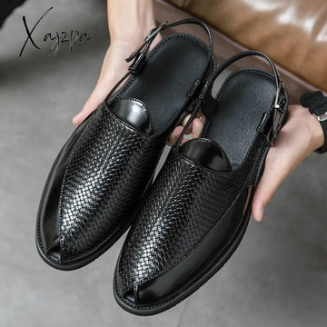 Xajzpa - New Men Sandals Pu Solid Color Woven Pattern Buckle Baotou Low Heel Fashion Casual Summer
