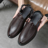 Xajzpa - New Men Sandals Pu Solid Color Woven Pattern Buckle Baotou Low Heel Fashion Casual Summer