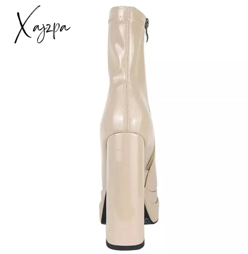 Xajzpa - New Women Platform Boots Chunky Heels Designer Shoes For Motorcycle Side Zipper Women’s