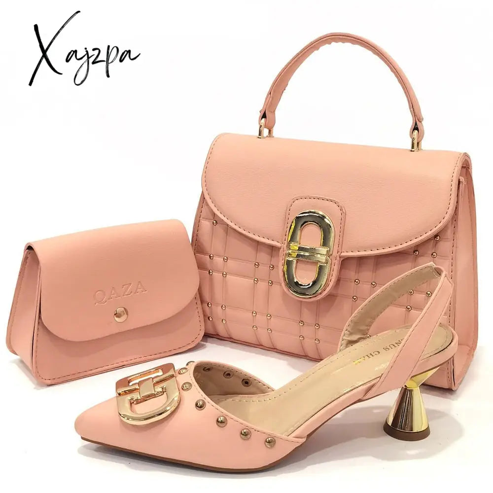 Xajzpa - Newest Design Peach Color Leather Metal Trim Womenโs Pointed Toe High Heels Fashion