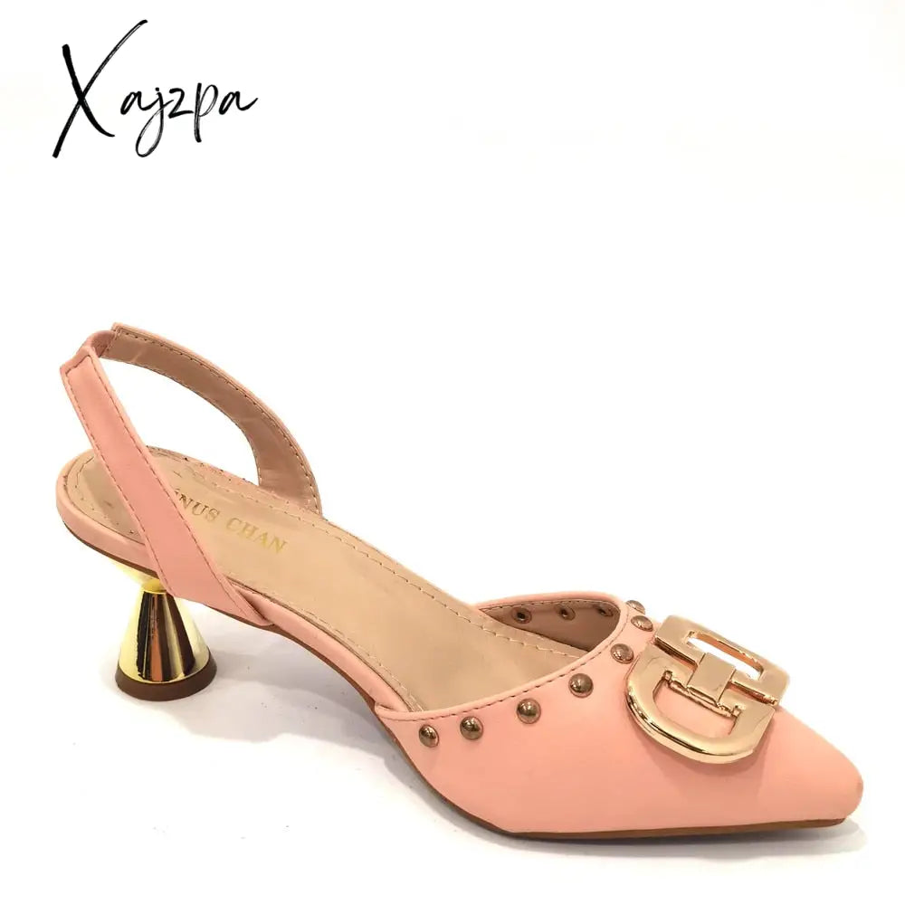 Xajzpa - Newest Design Peach Color Leather Metal Trim Womenโs Pointed Toe High Heels Fashion