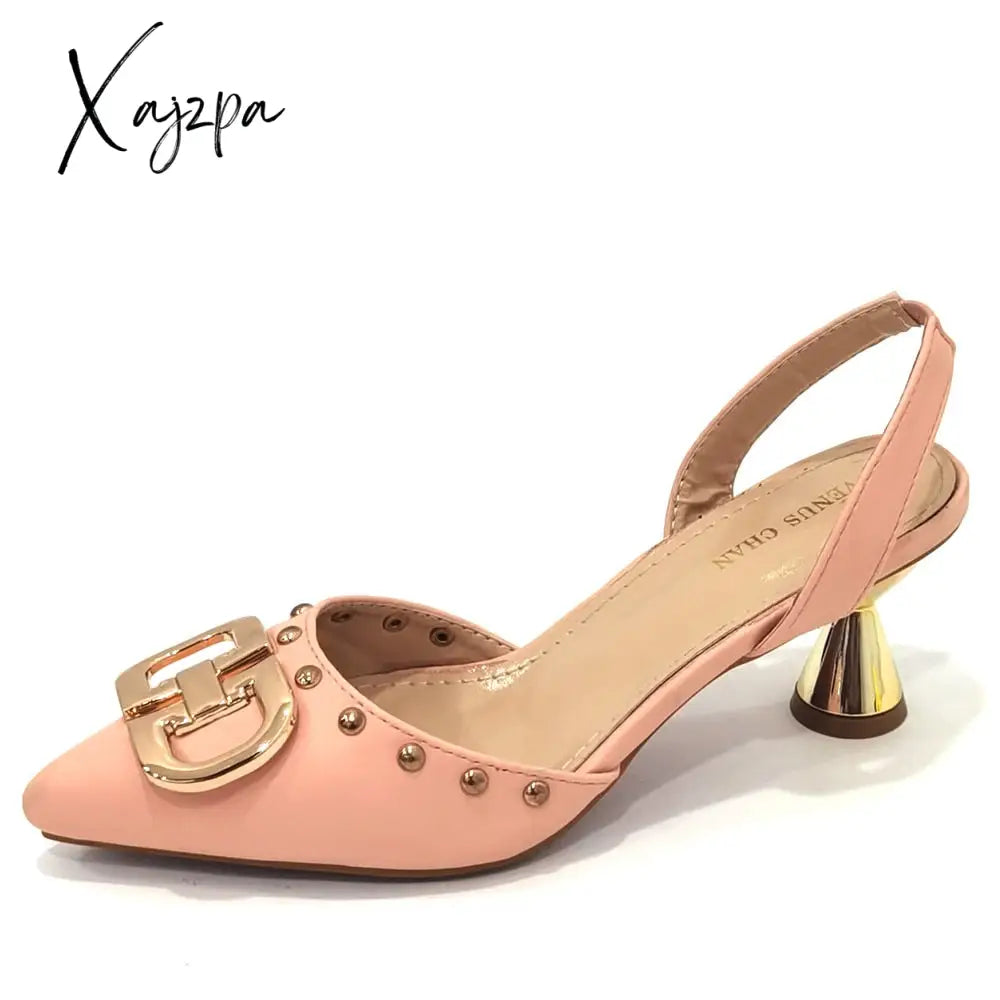 Xajzpa - Newest Design Peach Color Leather Metal Trim Womenโs Pointed Toe High Heels Fashion