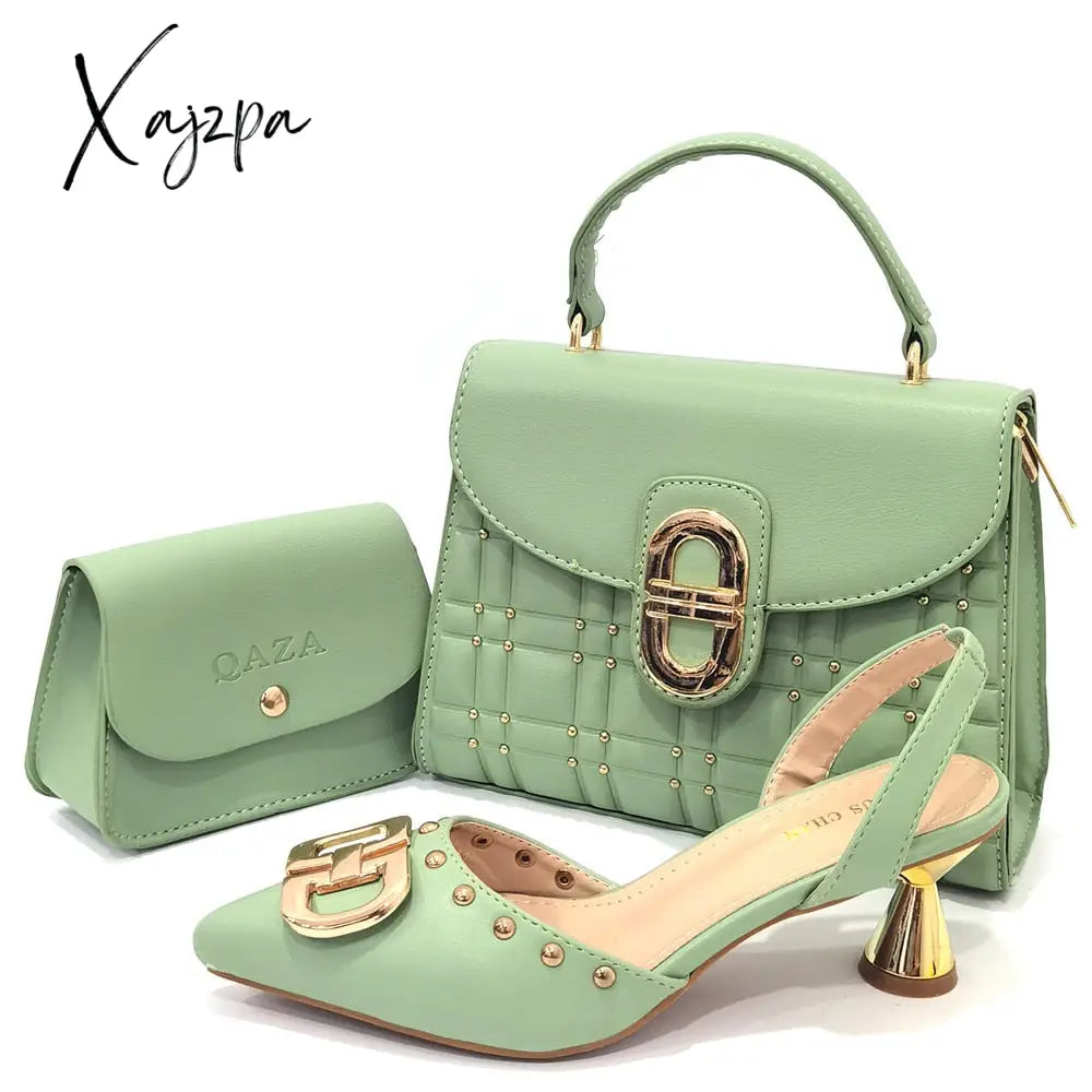 Xajzpa - Newest Design Peach Color Leather Metal Trim Womenโs Pointed Toe High Heels Fashion