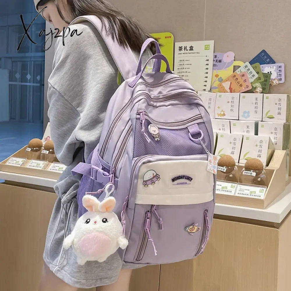 Xajzpa - Nylon Waterproof Women Backpack College Style Pure Color Schoolbag For Teenage Girls Cute