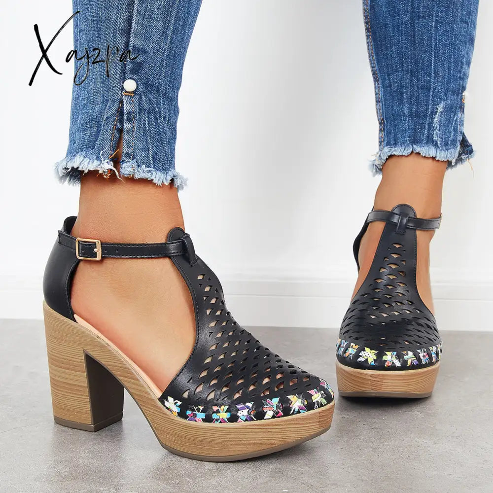 Xajzpa - Platform Block Chunky High Heels Ankle T-Strap Cutout Sandals