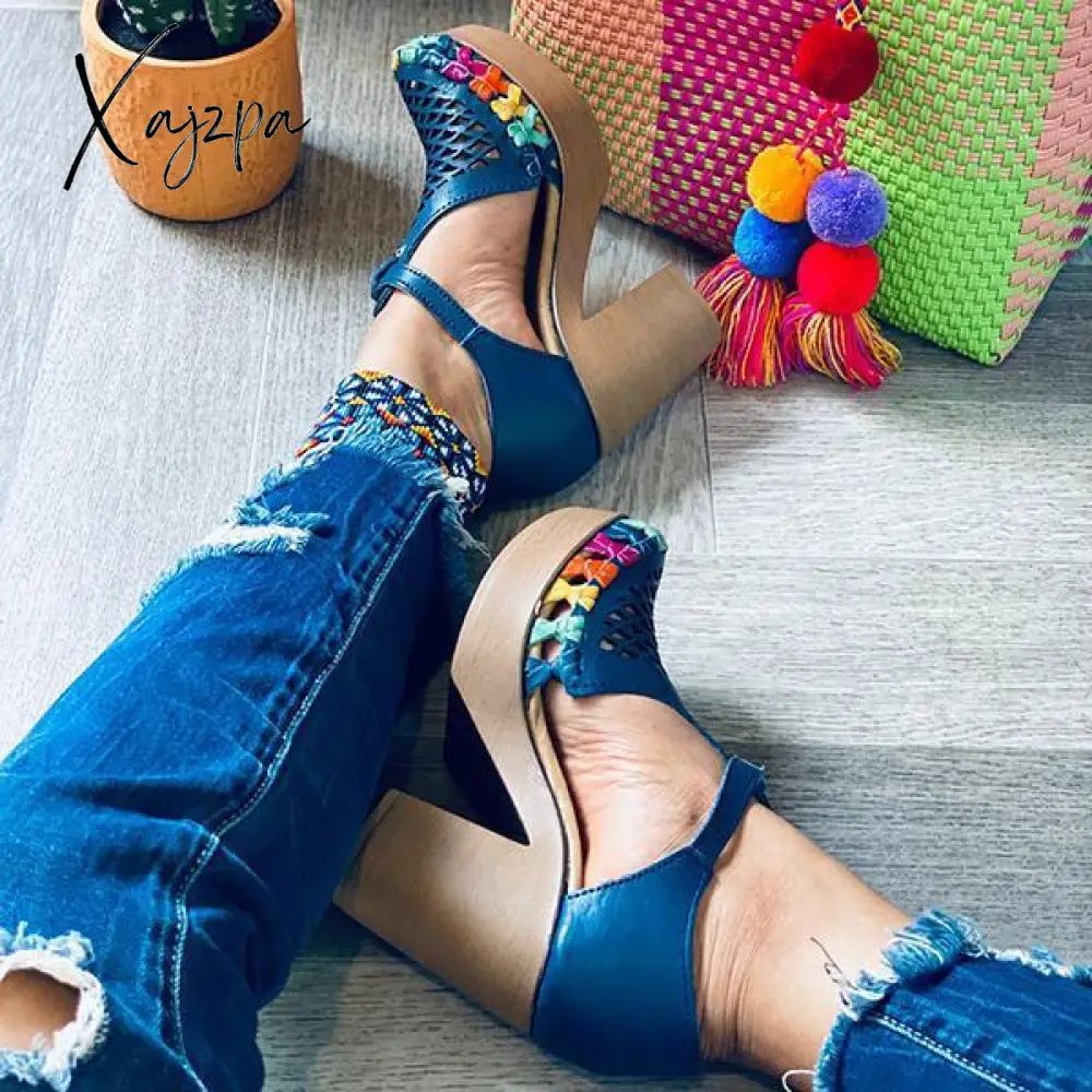 Xajzpa - Platform Block Chunky High Heels Ankle T-Strap Cutout Sandals