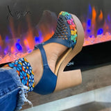 Xajzpa - Platform Block Chunky High Heels Ankle T-Strap Cutout Sandals Blue / 5