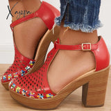 Xajzpa - Platform Block Chunky High Heels Ankle T-Strap Cutout Sandals Red / 5
