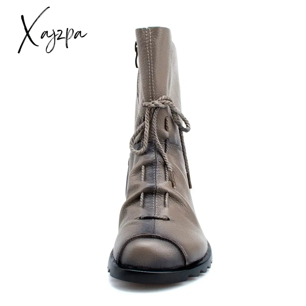Xajzpa - Plus Size Genuine Leather Women Boots Autumn Winter Fashion Pleated Ankle Warm Soft