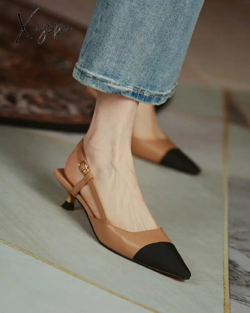 Xajzpa - Pointed Toe Colorblock Slingback Heels Pumps