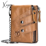 Xajzpa - Quality Genuine Leather men Wallet Brand zipper Man Purse Vintage cow leather Male card Coin Bag with iron chain