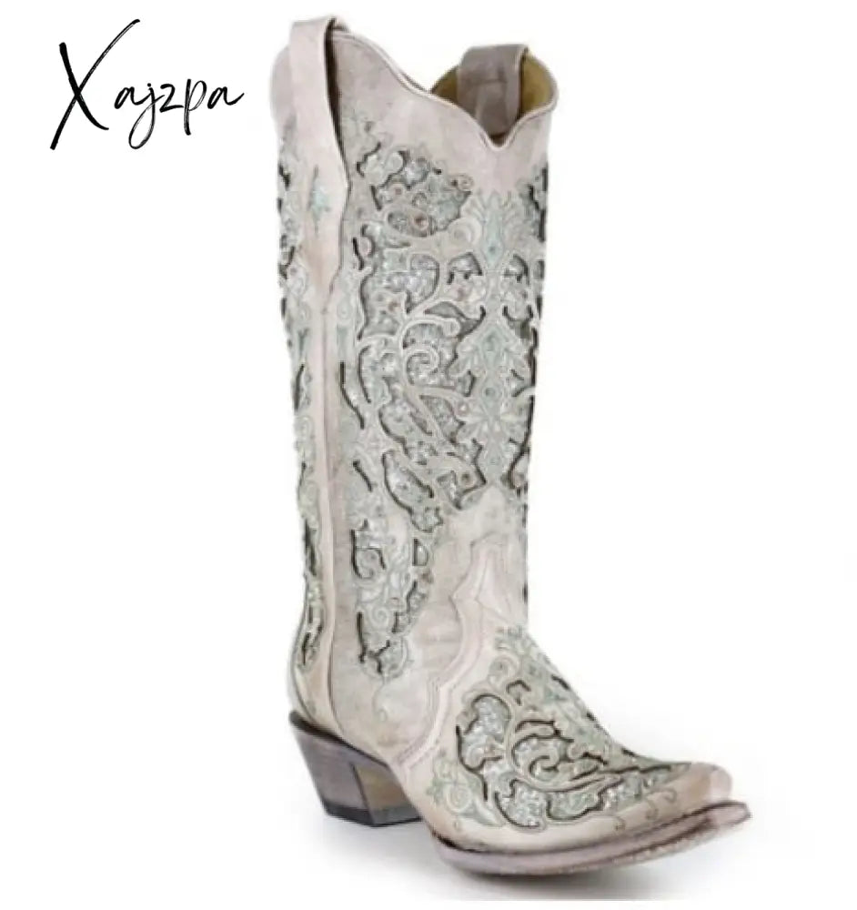 Xajzpa - Shoes Woman Pu Leather Knee High Boots Low Heels Women Booties Vintage Ethic Shoe