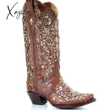 Xajzpa - Shoes Woman Pu Leather Knee High Boots Low Heels Women Booties Vintage Ethic Shoe