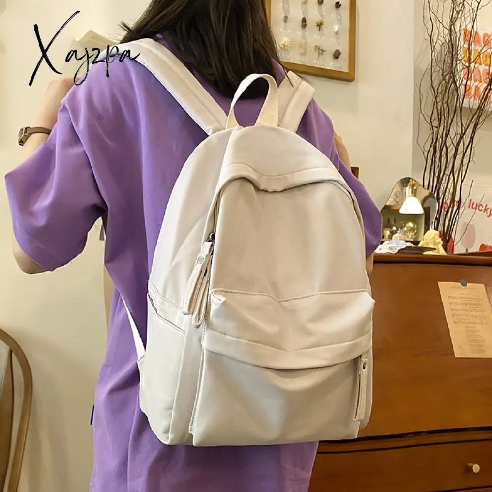 Xajzpa - Simple Solid Color Backpack Women Waterproof Nylon School Bags For Teenager Girls Bookbag