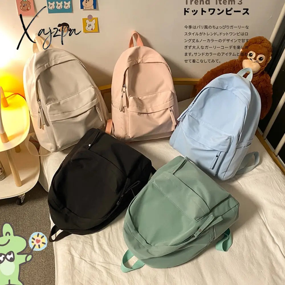 Xajzpa - Simple Solid Color Backpack Women Waterproof Nylon School Bags For Teenager Girls Bookbag