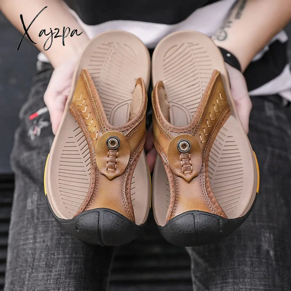Xajzpa - Slippers Genuine Leather Men’s Flip Flops Summer Beach Casual Shoes For Men Claquettes