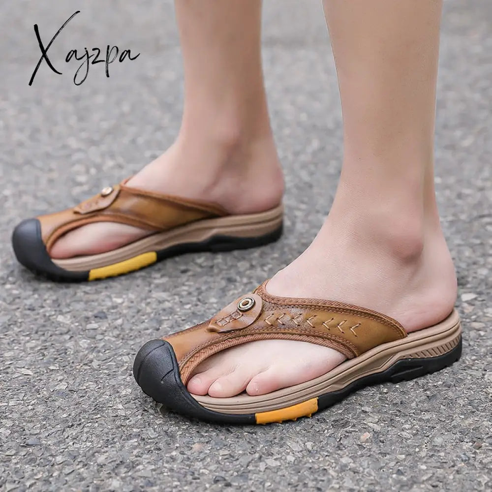 Xajzpa - Slippers Genuine Leather Men’s Flip Flops Summer Beach Casual Shoes For Men Claquettes