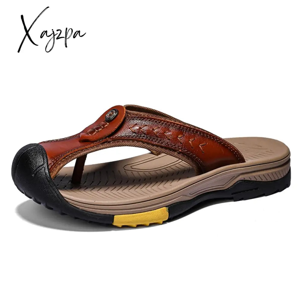 Xajzpa - Slippers Genuine Leather Men’s Flip Flops Summer Beach Casual Shoes For Men Claquettes