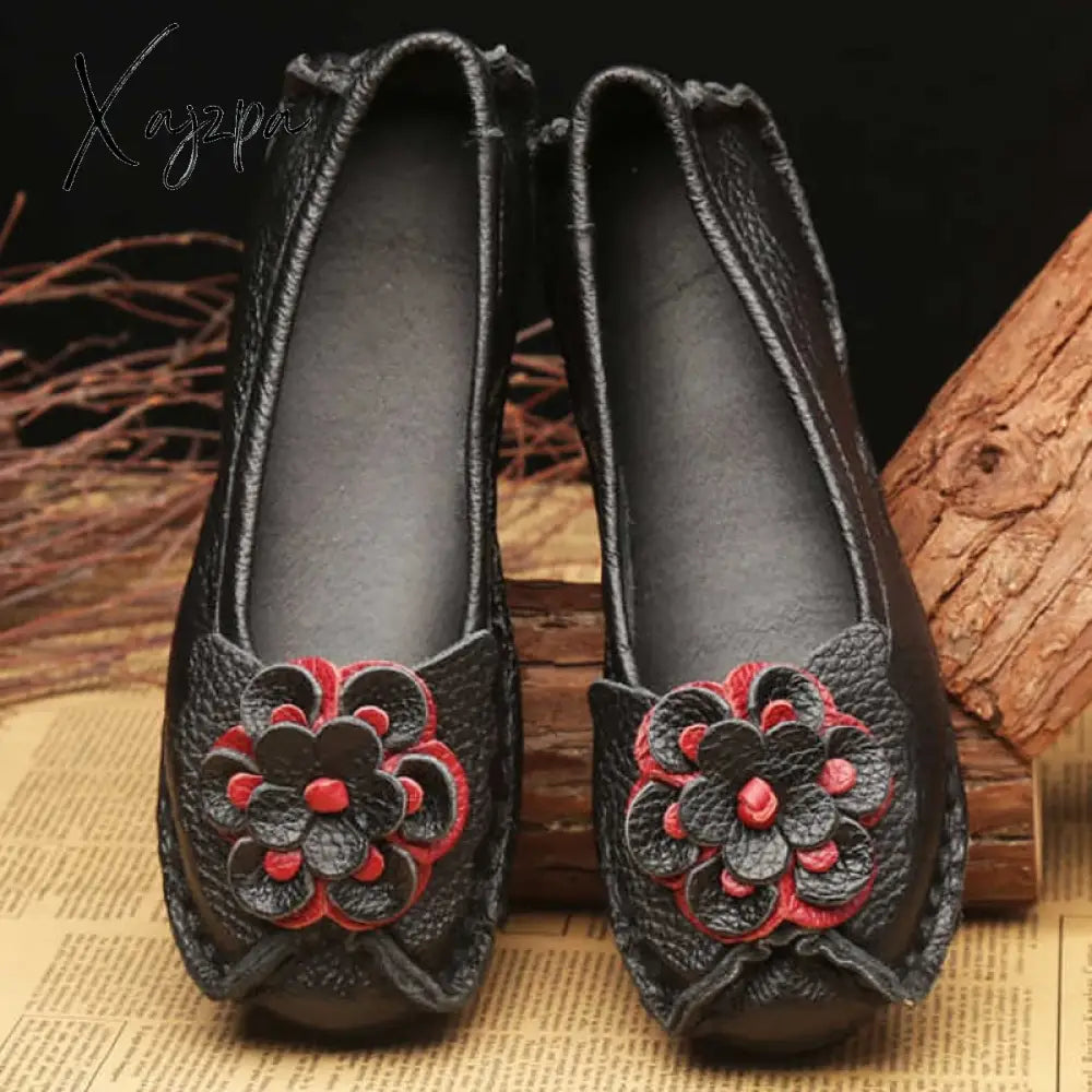 Xajzpa - Spring Leather Shoes Women Flats New Style Flower Genuine For Female Casual Woman Loafers
