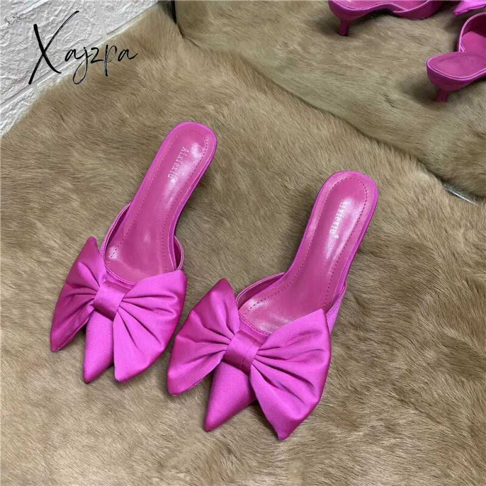Aiertu 2022 Spring Pointed Toe Stiletto Heel Kitten Heels Bow Heel-Free Slippers for Women Aiertu
