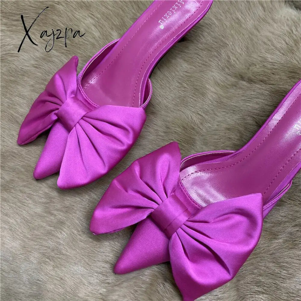 Aiertu 2022 Spring Pointed Toe Stiletto Heel Kitten Heels Bow Heel-Free Slippers for Women Aiertu